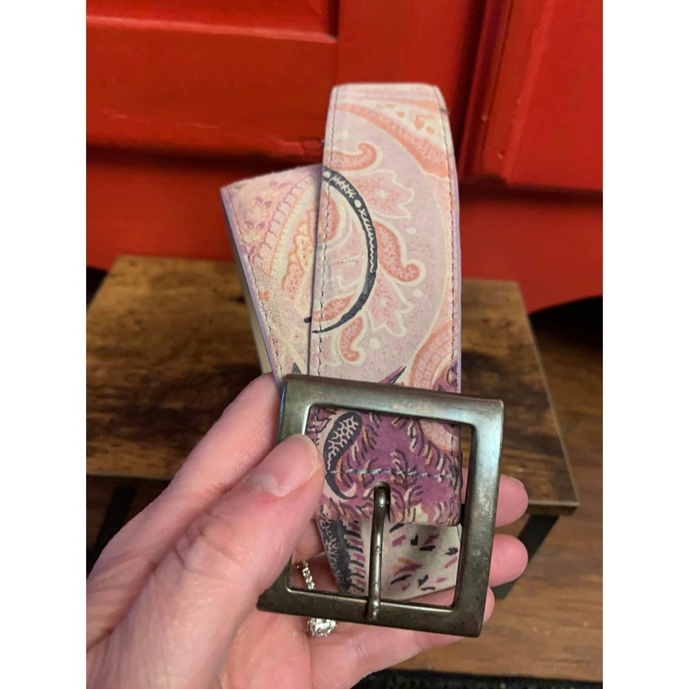 Avignon Leather Belt Pink  Purple Paisley Floral Print Gun Metal Buckle EUC S